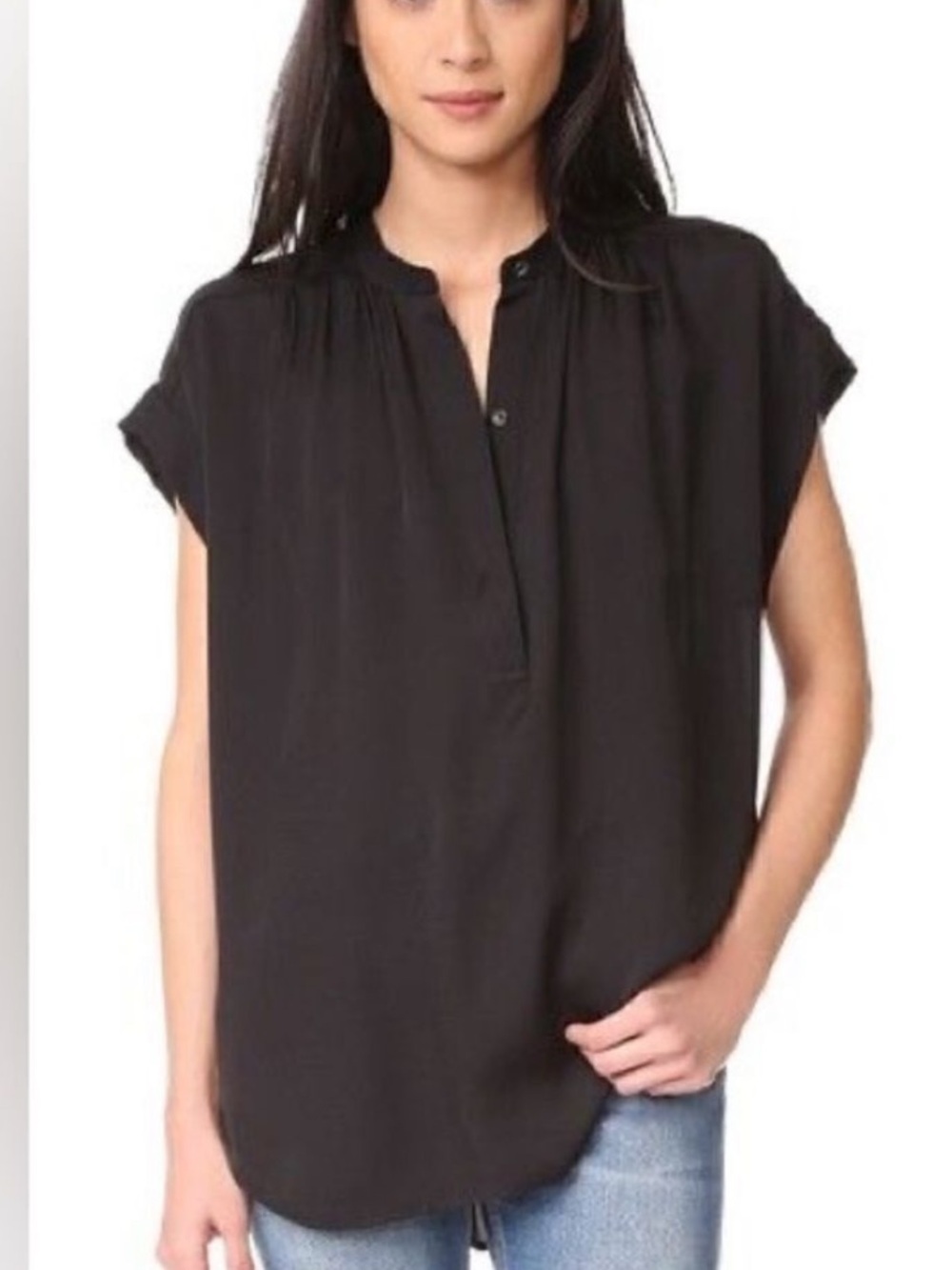 Vince Silk Shirred Detail Black Blouse Cap Sleeve Top Minimalist XS Timeless